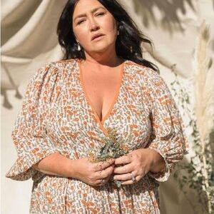 Daughters of India Binita Maxi Dress Medium 100% Cotton Apricot White Floral